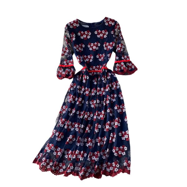 Summer New Fashion Elegant Graceful Round-Neck Flared Sleeves Hollow-out Embroidered Lace Tight Waist Midi dress Dress - Image 6