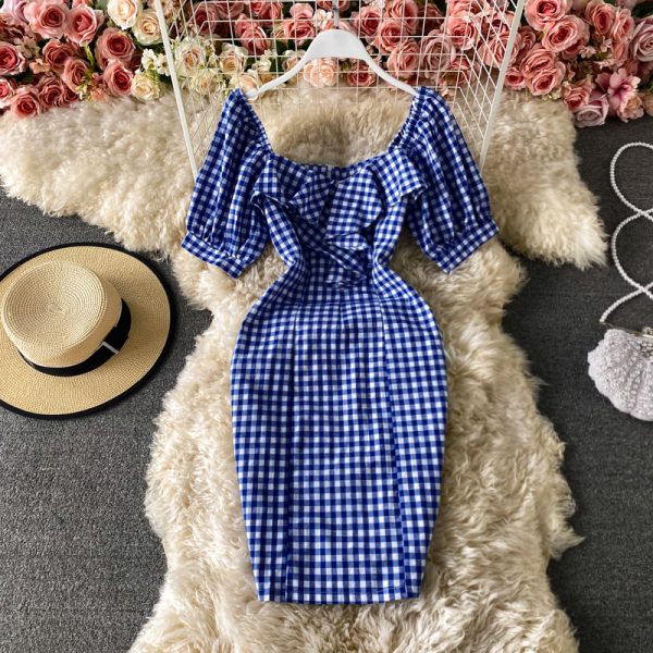 summer New Elegant Ruffle Square Collar Plaid Sheath Dress Slim Fit Slimming Short Hip Skirt