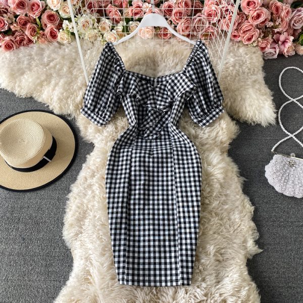 summer New Elegant Ruffle Square Collar Plaid Sheath Dress Slim Fit Slimming Short Hip Skirt - Image 3