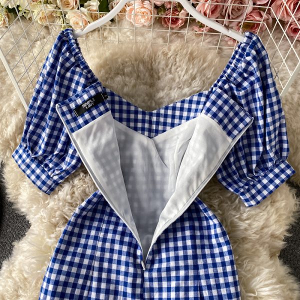summer New Elegant Ruffle Square Collar Plaid Sheath Dress Slim Fit Slimming Short Hip Skirt - Image 5