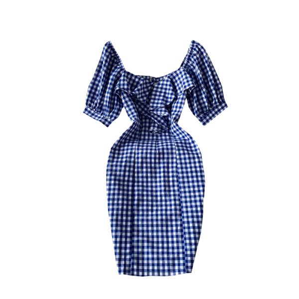 summer New Elegant Ruffle Square Collar Plaid Sheath Dress Slim Fit Slimming Short Hip Skirt - Image 6