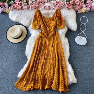 V-neck High Waist Backless Floral Chiffon Dress Short Sleeve Summer New Waist Slimming Graceful Long Expansion Skirt