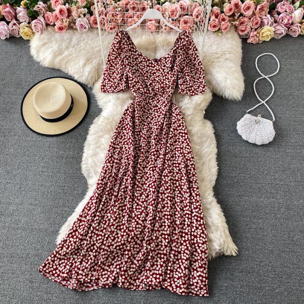V-neck High Waist Backless Floral Chiffon Dress Short Sleeve Summer New Waist Slimming Graceful Long Expansion Skirt - Image 3