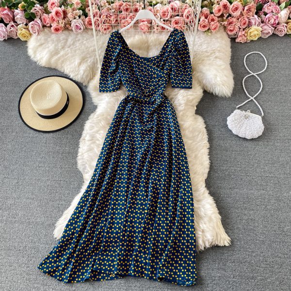 V-neck High Waist Backless Floral Chiffon Dress Short Sleeve Summer New Waist Slimming Graceful Long Expansion Skirt - Image 4