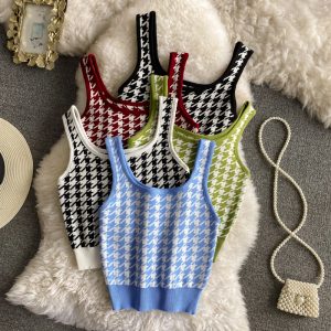 Plaid Knitted Camisole Summer New Retro Slim Stretch Slimming and Short Midriff-Baring Top Women’s Clothing