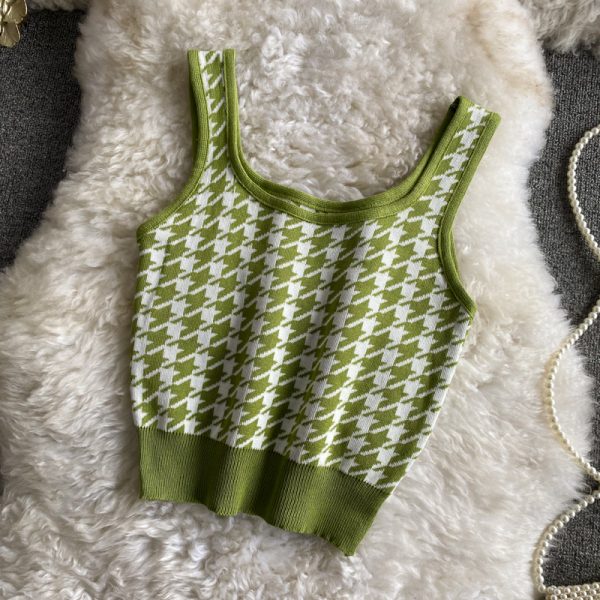 Plaid Knitted Camisole Summer New Retro Slim Stretch Slimming and Short Midriff-Baring Top Women’s Clothing - Image 4