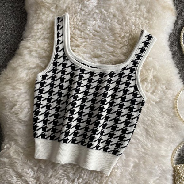 Plaid Knitted Camisole Summer New Retro Slim Stretch Slimming and Short Midriff-Baring Top Women’s Clothing - Image 5