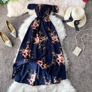 Bohemia resort printed floral dress brought a word shoulder strapless, irregular split dress with short sleeves