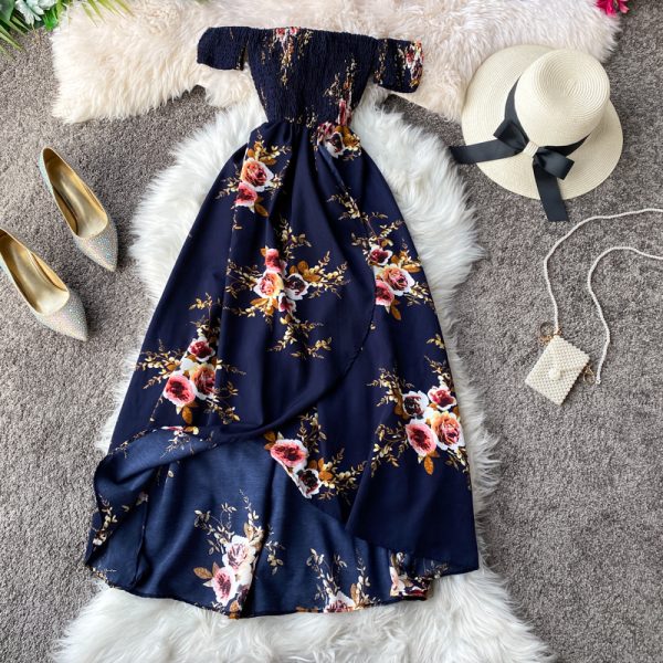 Bohemia resort printed floral dress brought a word shoulder strapless, irregular split dress with short sleeves
