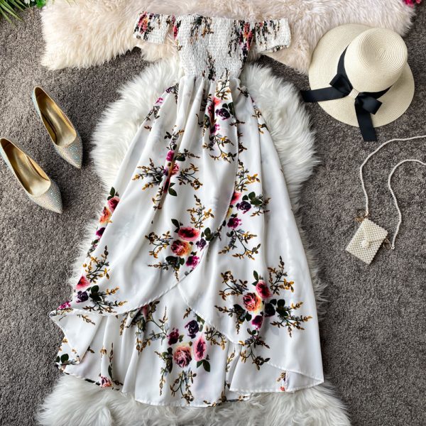 Bohemia resort printed floral dress brought a word shoulder strapless, irregular split dress with short sleeves - Image 3
