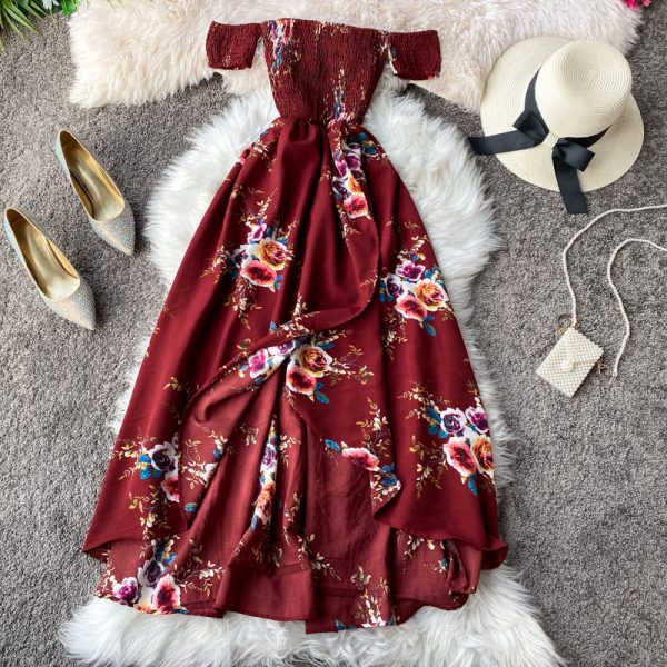Bohemia resort printed floral dress brought a word shoulder strapless, irregular split dress with short sleeves - Image 5