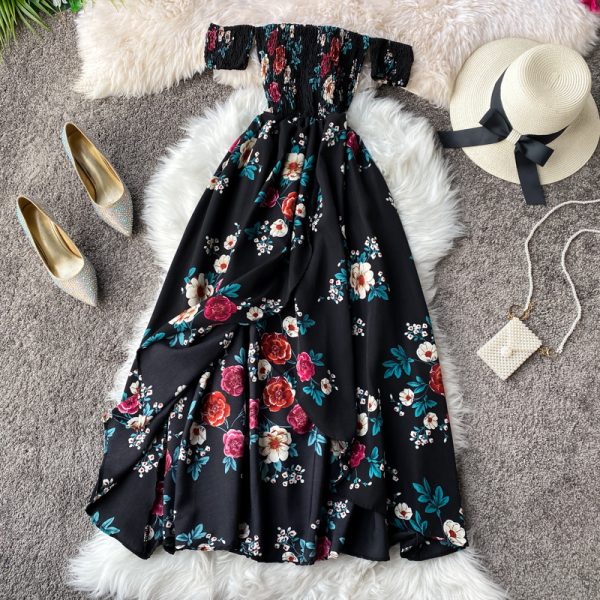 Bohemia resort printed floral dress brought a word shoulder strapless, irregular split dress with short sleeves - Image 7