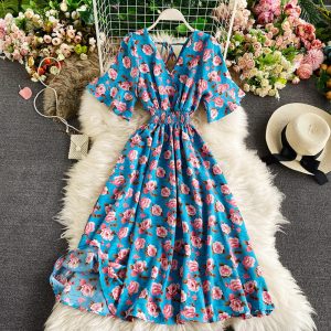 Summer fashion show thin chiffon v-neck horn sleeve accept waist printing sweet posed dress dress fashion temperament