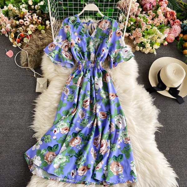 Summer fashion show thin chiffon v-neck horn sleeve accept waist printing sweet posed dress dress fashion temperament - Image 3
