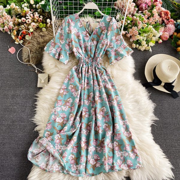 Summer fashion show thin chiffon v-neck horn sleeve accept waist printing sweet posed dress dress fashion temperament - Image 4