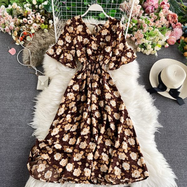 Summer fashion show thin chiffon v-neck horn sleeve accept waist printing sweet posed dress dress fashion temperament - Image 5