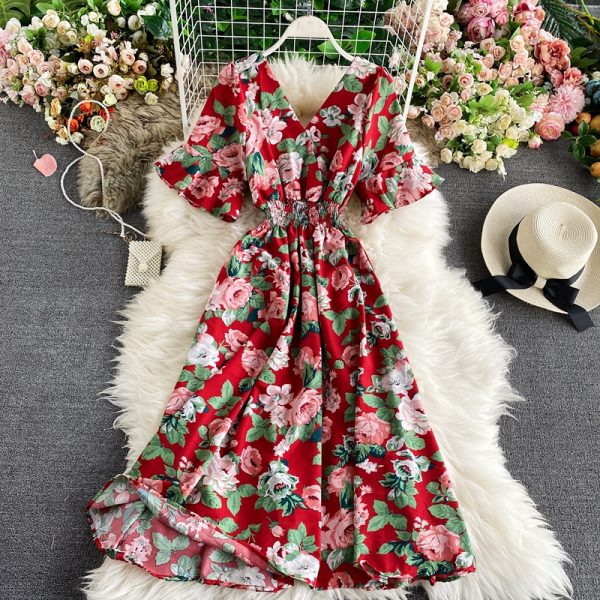 Summer fashion show thin chiffon v-neck horn sleeve accept waist printing sweet posed dress dress fashion temperament - Image 6