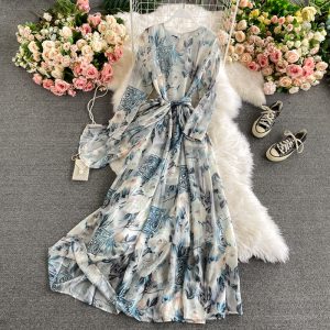 Holiday wind round collar dress fashion temperament hubble-bubble sleeve show thin printed big long skirt