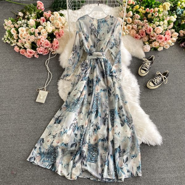 Holiday wind round collar dress fashion temperament hubble-bubble sleeve show thin printed big long skirt - Image 3