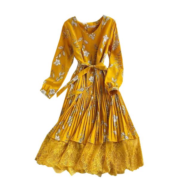 Retro floral v-neck closed show thin waist lace stitching posed long skirt pleated dress color fashion temperament - Image 6
