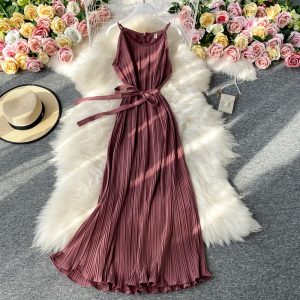 Sexy backless strap pleated dress female summer new overpressure fairy beach dress long holiday by the sea