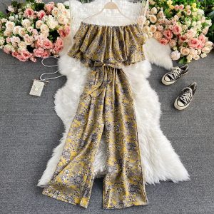 Female summer tall waist waist receive show thin falbala collar a word shoulder jumpsuits with short sleeves