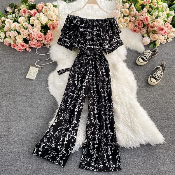 Female summer tall waist waist receive show thin falbala collar a word shoulder jumpsuits with short sleeves - Image 3