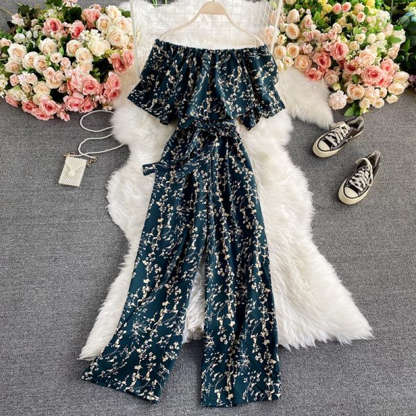 Female summer tall waist waist receive show thin falbala collar a word shoulder jumpsuits with short sleeves - Image 5