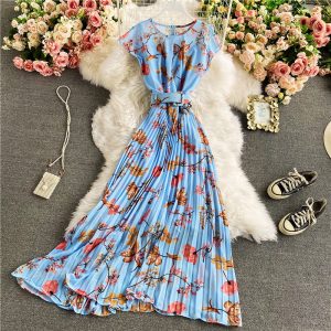 Floral chiffon dress new holiday wind brim round collar feifei sleeve closed posed long pleated skirt waist show thin