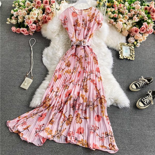 Floral chiffon dress new holiday wind brim round collar feifei sleeve closed posed long pleated skirt waist show thin - Image 3