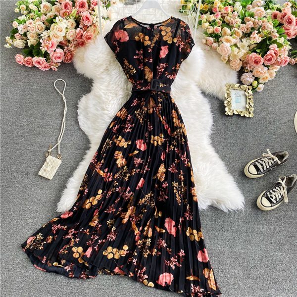 Floral chiffon dress new holiday wind brim round collar feifei sleeve closed posed long pleated skirt waist show thin - Image 4
