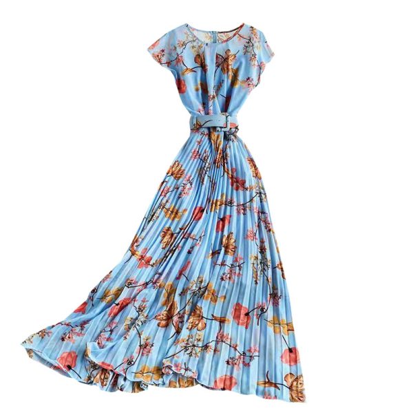 Floral chiffon dress new holiday wind brim round collar feifei sleeve closed posed long pleated skirt waist show thin - Image 6