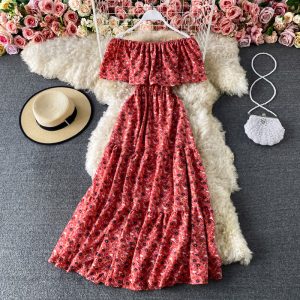 A word shoulder to shoulder floral chiffon dress summer new chic goddess of gentle wind fan posed waist of the dress