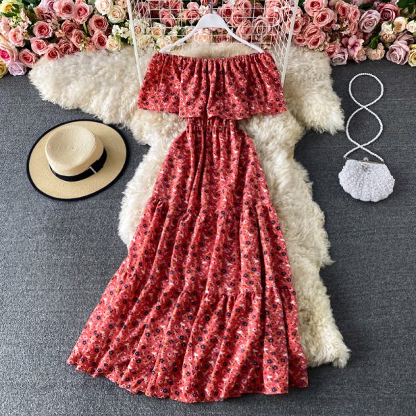 A word shoulder to shoulder floral chiffon dress summer new chic goddess of gentle wind fan posed waist of the dress - Image 2