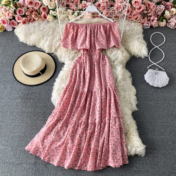 A word shoulder to shoulder floral chiffon dress summer new chic goddess of gentle wind fan posed waist of the dress - Image 3