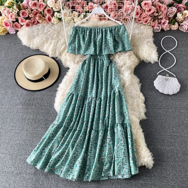 A word shoulder to shoulder floral chiffon dress summer new chic goddess of gentle wind fan posed waist of the dress - Image 4