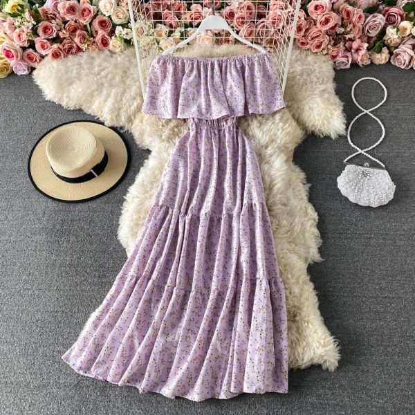 A word shoulder to shoulder floral chiffon dress summer new chic goddess of gentle wind fan posed waist of the dress - Image 5