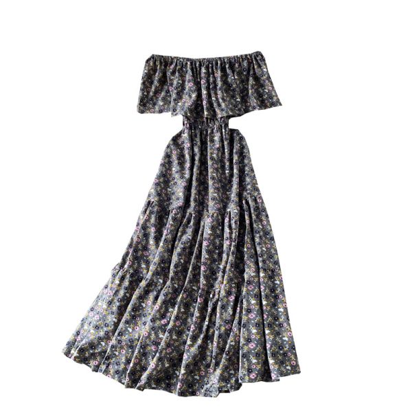A word shoulder to shoulder floral chiffon dress summer new chic goddess of gentle wind fan posed waist of the dress - Image 6