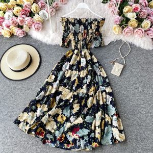 Seaside holiday wind broken flower skirt a word shoulder high waist show irregular thin falbala big dress