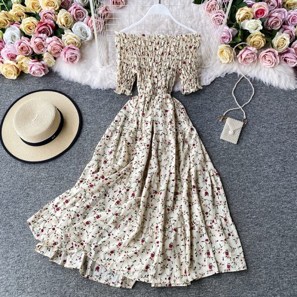 Seaside holiday wind broken flower skirt a word shoulder high waist show irregular thin falbala big dress - Image 4