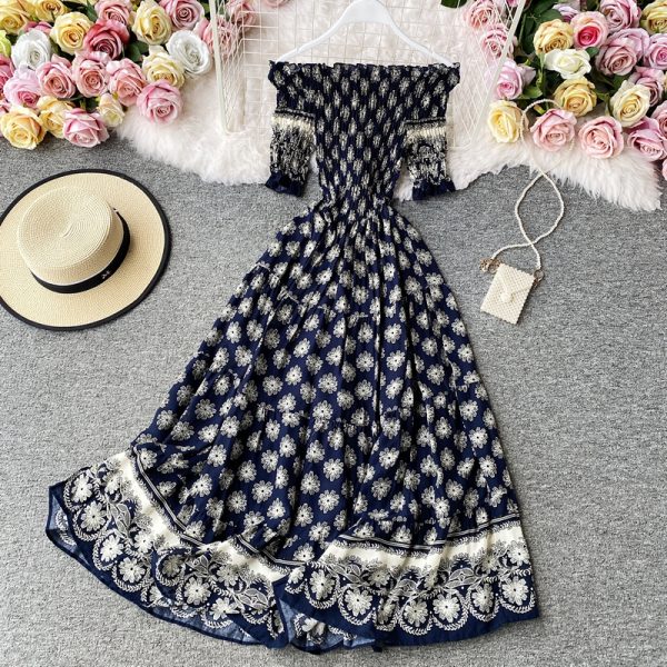 Seaside holiday wind broken flower skirt a word shoulder high waist show irregular thin falbala big dress - Image 5