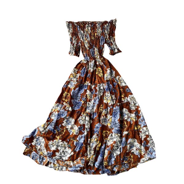 Seaside holiday wind broken flower skirt a word shoulder high waist show irregular thin falbala big dress - Image 6
