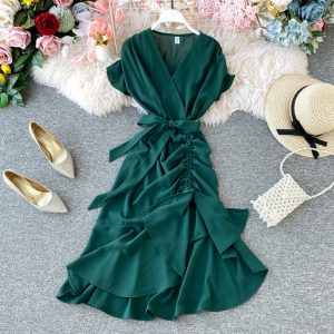 French v-neck dress shirt design restoring ancient ways are irregular fold accept waist split over-the-knee tail long skirt