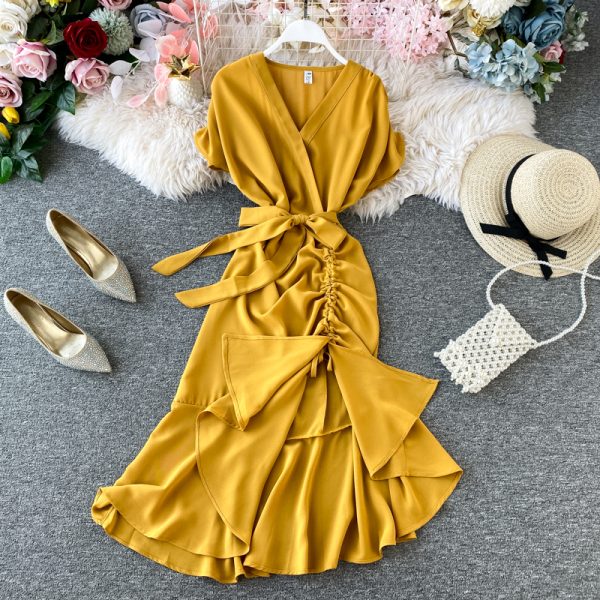 French v-neck dress shirt design restoring ancient ways are irregular fold accept waist split over-the-knee tail long skirt - Image 3