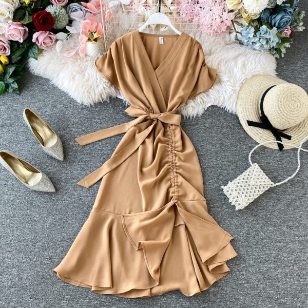 French v-neck dress shirt design restoring ancient ways are irregular fold accept waist split over-the-knee tail long skirt - Image 4