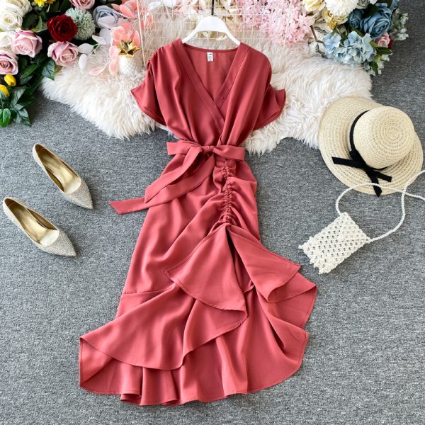 French v-neck dress shirt design restoring ancient ways are irregular fold accept waist split over-the-knee tail long skirt - Image 5