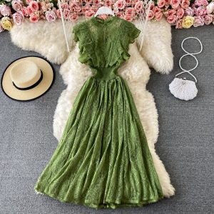 Spring and Autumn Lace round Neck Dress Long Sleeve Fashion Slim Fit Slimming Elegant Ruffled Large Swing Dress Formal Dress