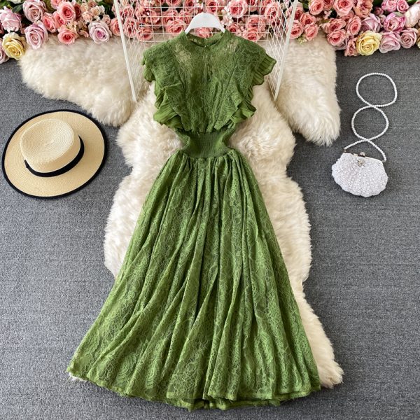Spring and Autumn Lace round Neck Dress Long Sleeve Fashion Slim Fit Slimming Elegant Ruffled Large Swing Dress Formal Dress
