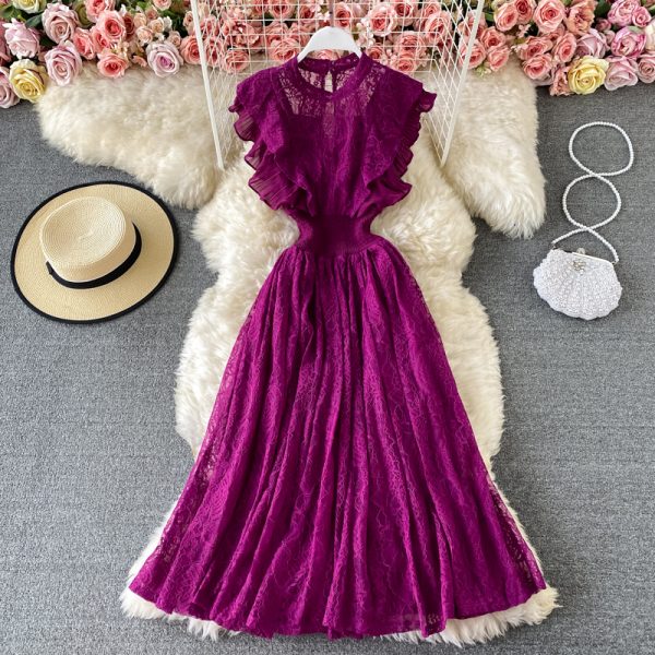 Spring and Autumn Lace round Neck Dress Long Sleeve Fashion Slim Fit Slimming Elegant Ruffled Large Swing Dress Formal Dress - Image 3
