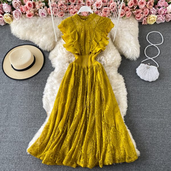 Spring and Autumn Lace round Neck Dress Long Sleeve Fashion Slim Fit Slimming Elegant Ruffled Large Swing Dress Formal Dress - Image 5